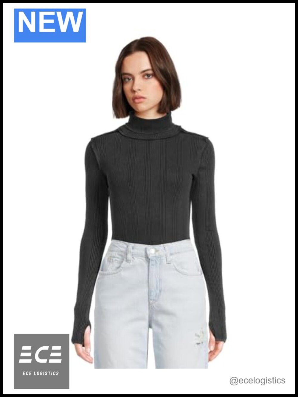 Turtleneck Top Long Sleeve Thumbholes High Low Hem Cotton Blend